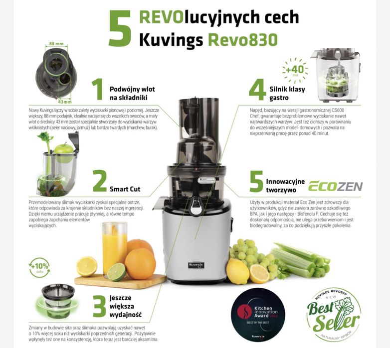 Kuvings Revo 830  3 Sita !!! Dodatkowe Uszczelki GRATIS !!! Polska dystrybucja 15 lat Gwarancji !!! Oficjalny Sklep Stacjonarny w Gdyni