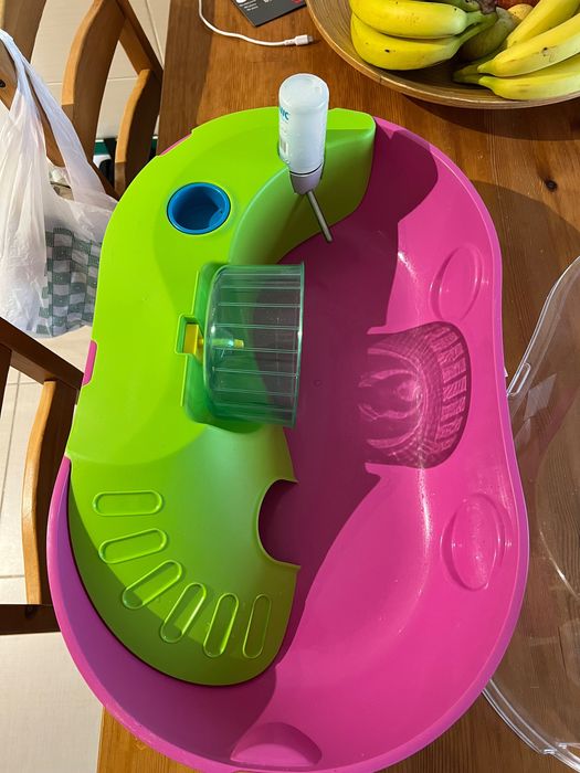 Gaiola para hamster com substrato, comida e acessórios