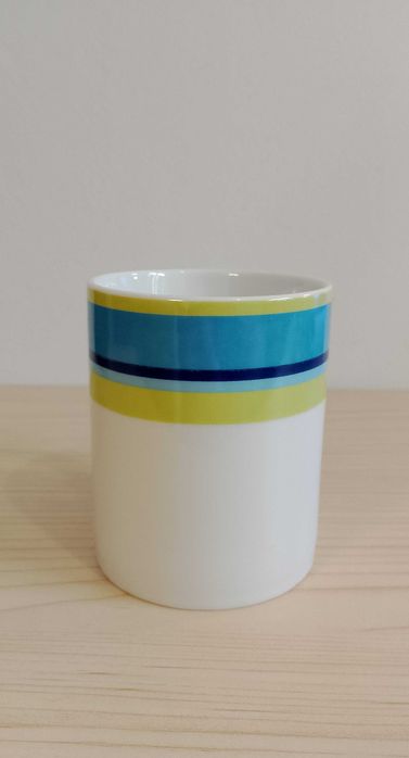 StaryKubekCeramiczny ,,Sinki" biały z pasemNiebieskim/Zielonym/ 320 ml