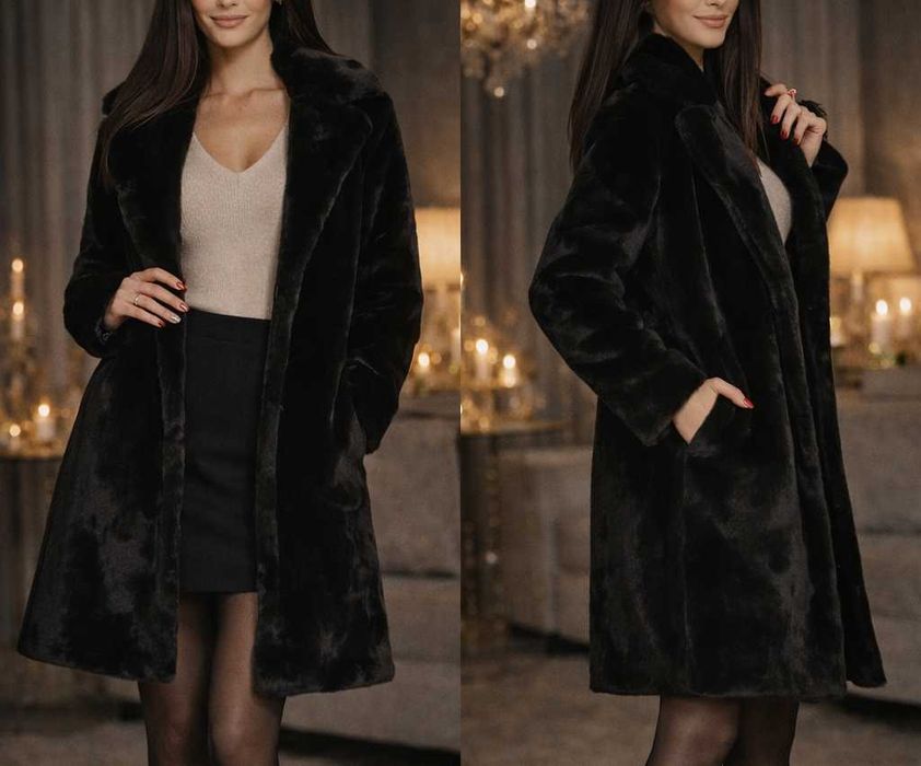 Długie ciepłe czarne futro płaszcz futrzany