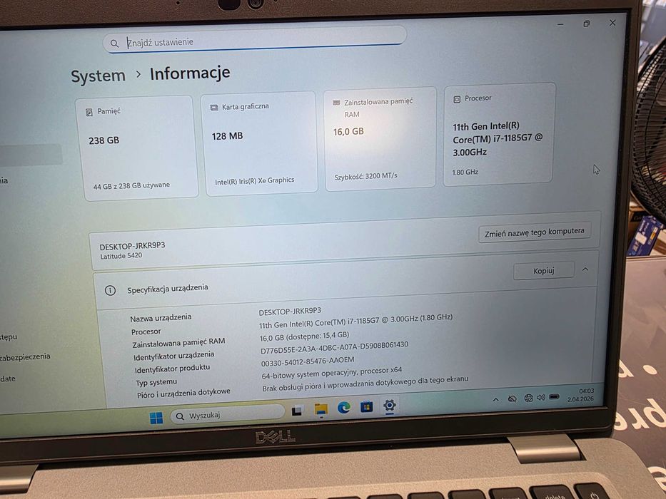 DELL LATITUDE 5420/ i7-1185G7 3.00 GHz/ 16GB DDR4 3200 MHz/ 256GB M2/ Iris Xe/ 14" FHD/ W11 PRO