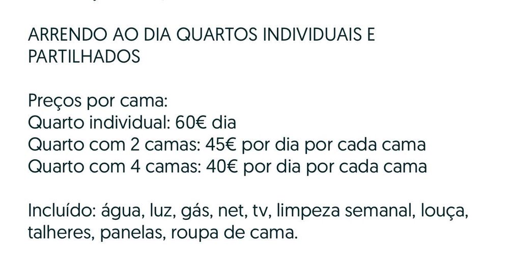 Arrendo quartos ao dia individuais ou partilhados