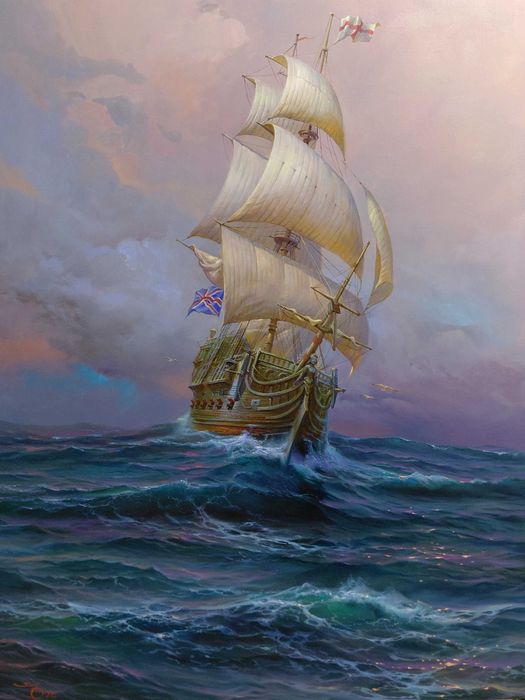 Картина маслом море, морський пейзаж(полотно,олія) "Вітрила на морі”