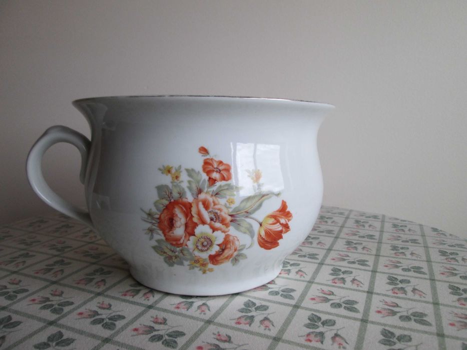 Penico Antigo Vista Alegre - Pintado - Flores Vermelhas e Fio Dourado