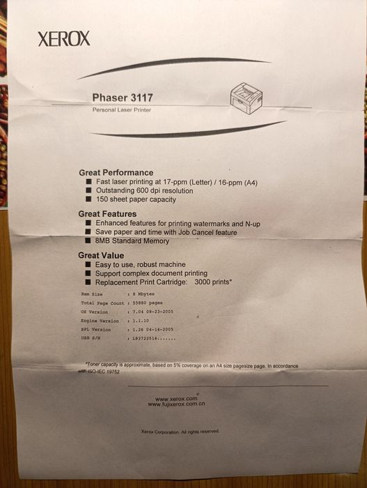 Лазерный принтер Xerox phaser 3117 в отличном состоянии
