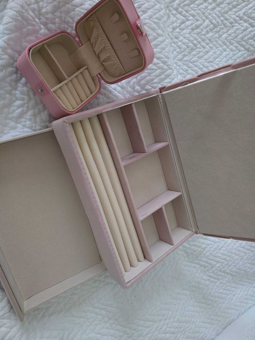 Szkatulka 2x etui organizer welur róż pudrowy