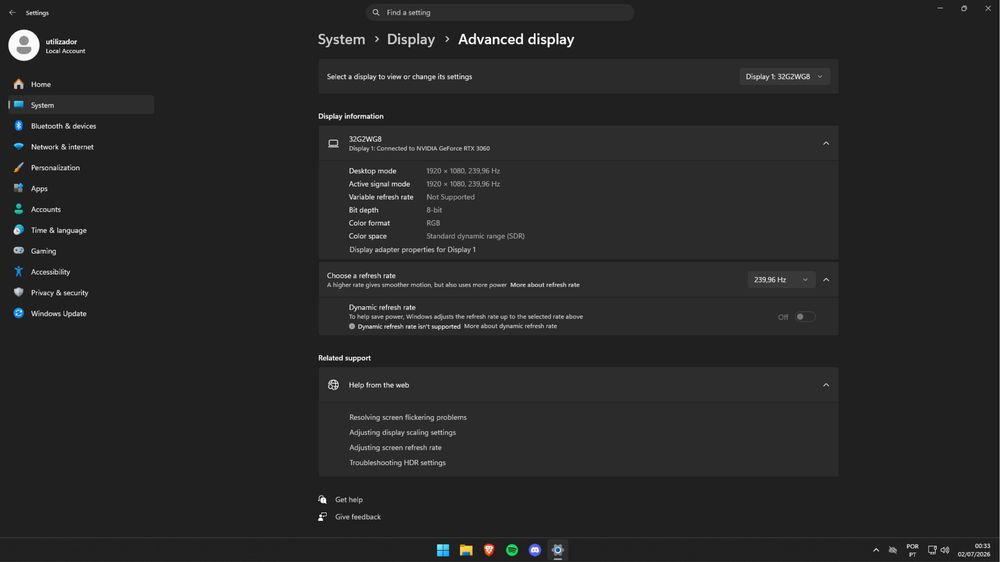 AOC de 32” curvo 240 Hz 0,5ms LED FullHD 240Hz FreeSync Premium Curva