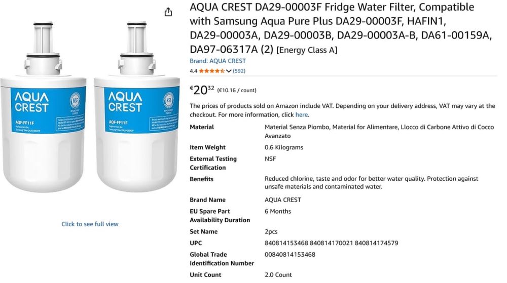 2 filtros de água para frigorífico Samsung