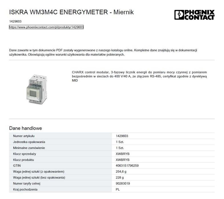 Licznik energii dwukierunkowy Phoenix Contact Iskra WM3M4C 3F Modbus RS485 PV Pompa Ciepła EV