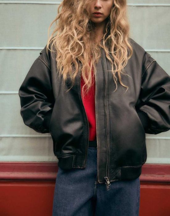 Бомбер Zara, з натуральної шкіри, оверсайз
