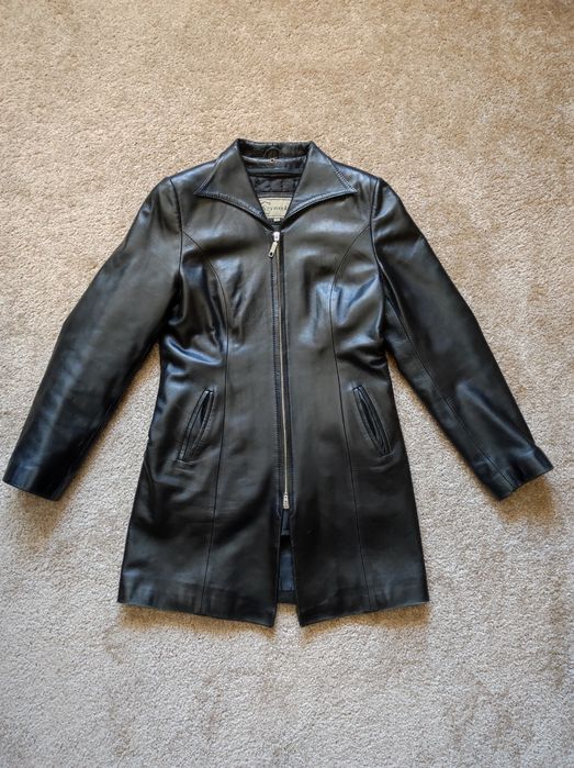 Czarny skórzany płaszcz 36 S vintage trendy pinterest y2k 90s 00s