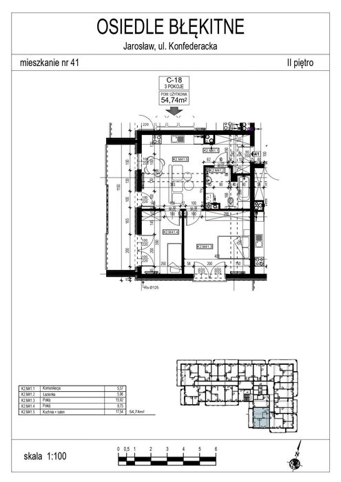 Mieszkanie 54,74 m² oś. Błękitne blok B M41 stan deweloperski - Widok 2