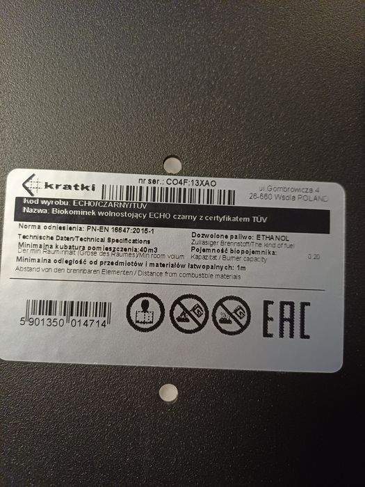 Biokominek wolnostojacy Kratki model Echo Czarny, 50cm jak nowy