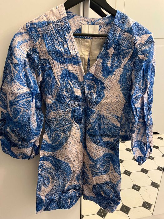 Lniana sukienka mini w niebieską mozaikę H&M. Rozm. 34. Nowa