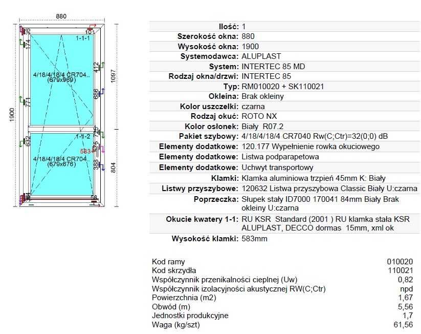 Drzwi balkonowe - Lewe do wewnątrz 880 x 1900 - PCV białe 3 szybowe