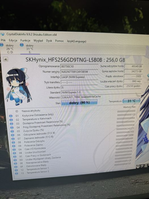 SSD NVMe SK hynix 256Gb 90%