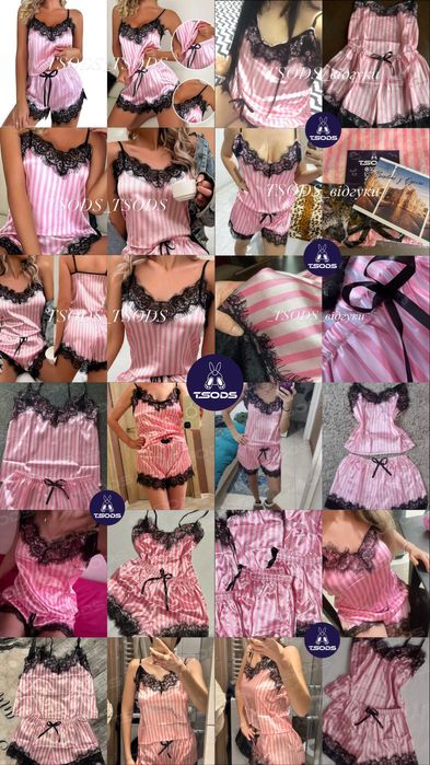 Жіноча шовкова піжама Victorias Secret з мереживом рожева смужка с м л