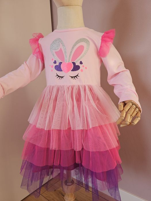 Дитяча пишна святкова рожева фіолетова сукня з кроликом на 4 5 6 7  8р