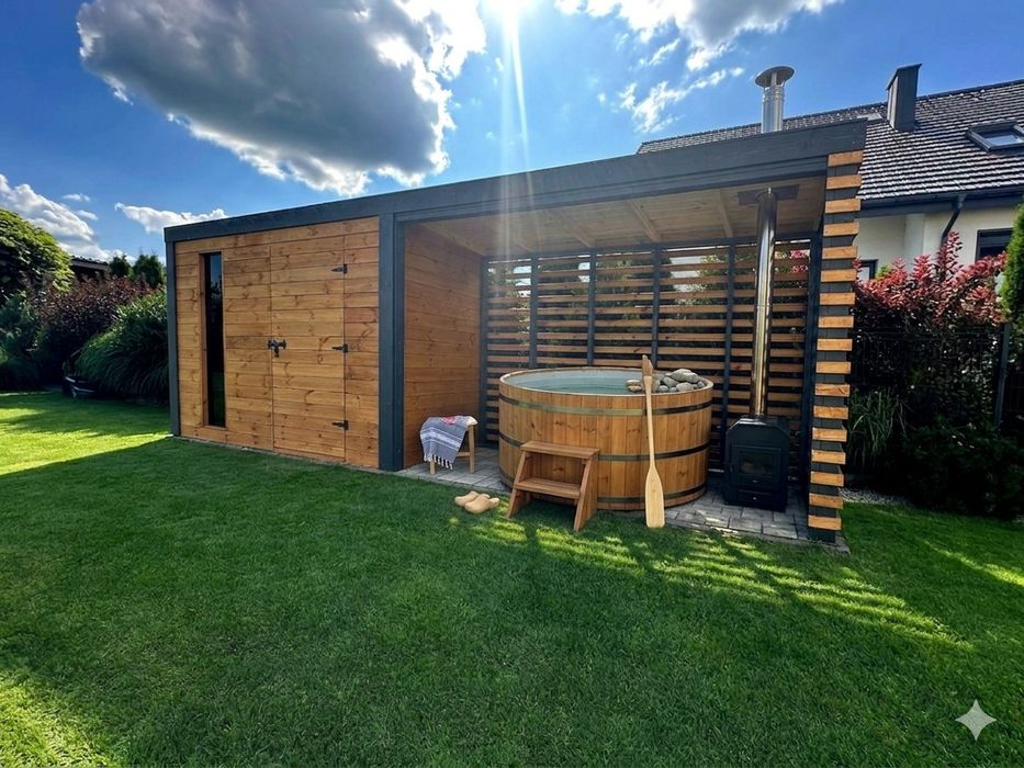 Nowoczesny Drewniany Domek Narzędziowy z wiatą VESTA 2x6m