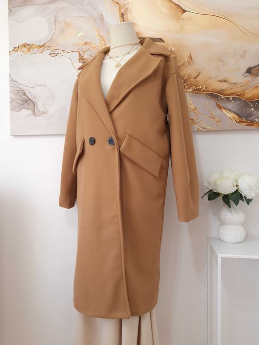 Płaszcz Damski Klasyczny Długi Brązowo Beżowy Camelowy Lily Rose