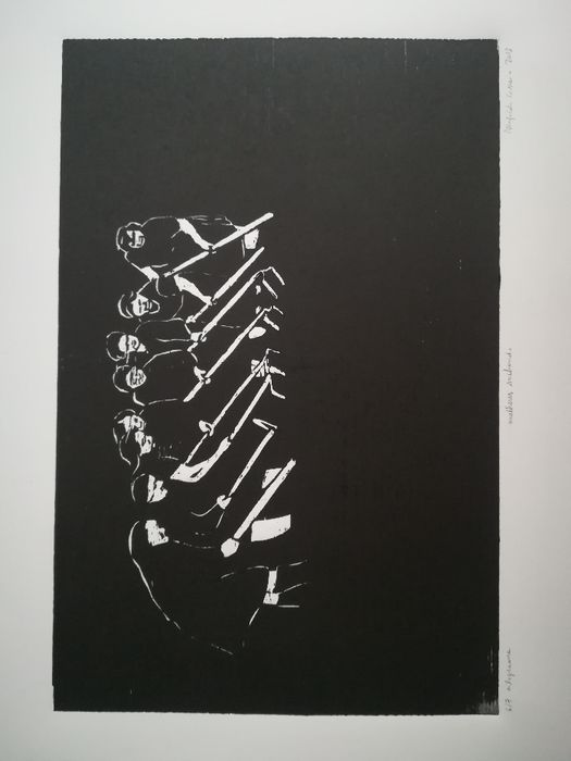 Xilogravura gravura madeira "Mulheres a Sachar" assinado arte desenho