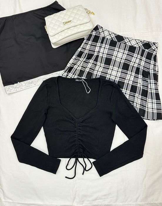 Zara новий топ з довгим рукавом у рубчик,кроптоп/лонгслів на завʼязках