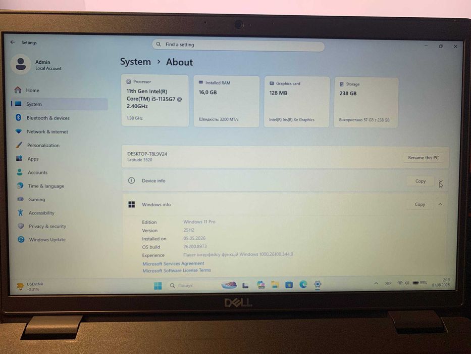 Dell Latitude 3520 / i5-1135G7 / 16GB / 256GB SSD / Win11 Pro / Гарний стан