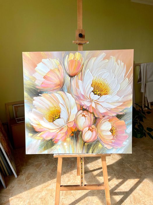 ВЕЛИКА картина квіти Піони пейзаж 90х95 (полотно/акрил) Шевченко Л.