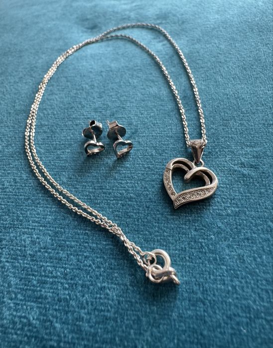 Komplet łańcuszek wisiorek kolczyki serce cyrkonie srebro 925