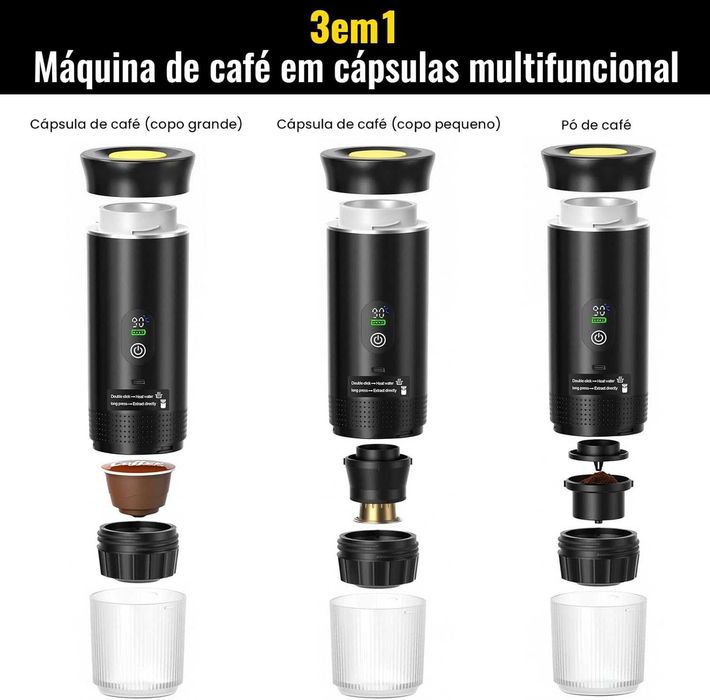 Máquina De Café Portátil 3 Em 1, com Visor Digital compatível com Cápsulas E Pó NOVA