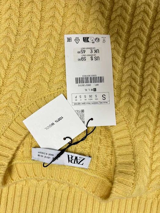 Nowy żółty sweter damski z krótkim rękawem Zara 36 S 100% Wełna