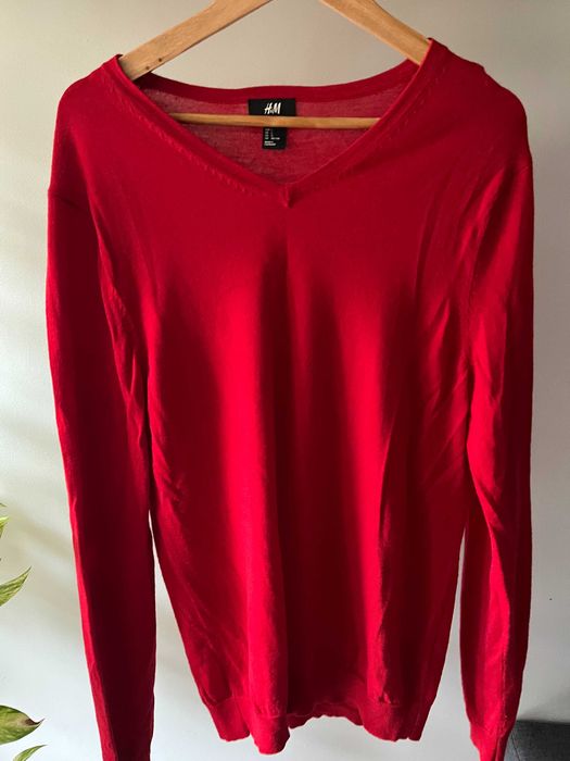 Czerwony męski sweter męski 100% wełna merino L marki H&M