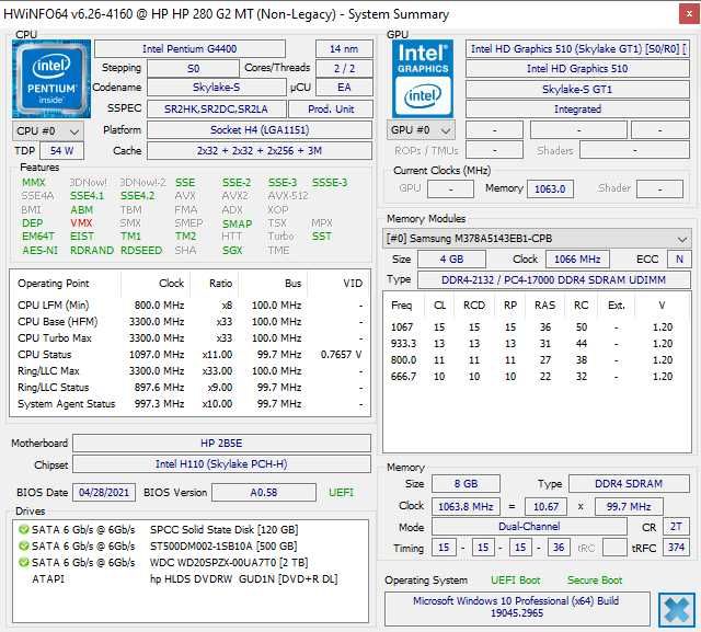 HP 280 G2 MT INTEL G4400 3.3GHz 8/120SSD/500GB Win10 Pro DVI