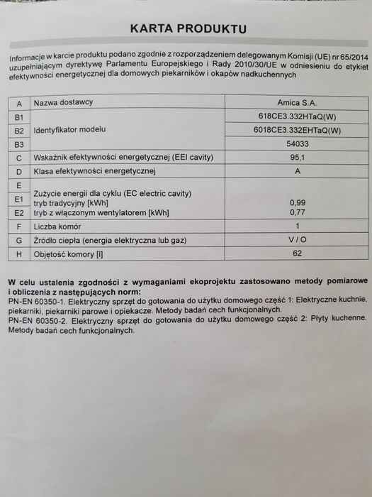 Kuchnia elektryczna Amica - klasa energetyczna A