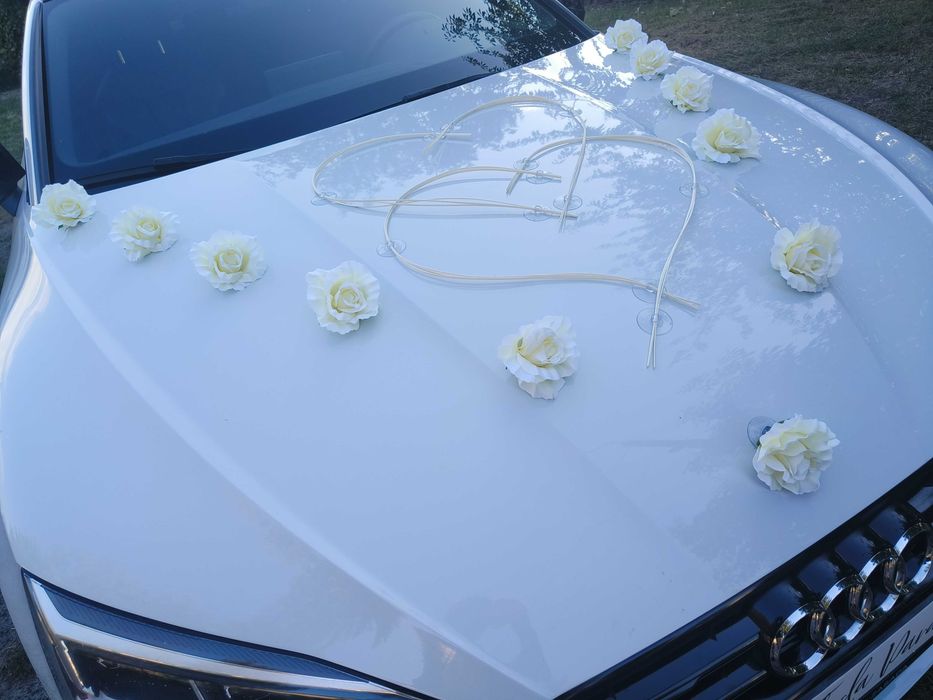 Dekoracja na samochód ślubny ecru, zestaw na auto do ślubu