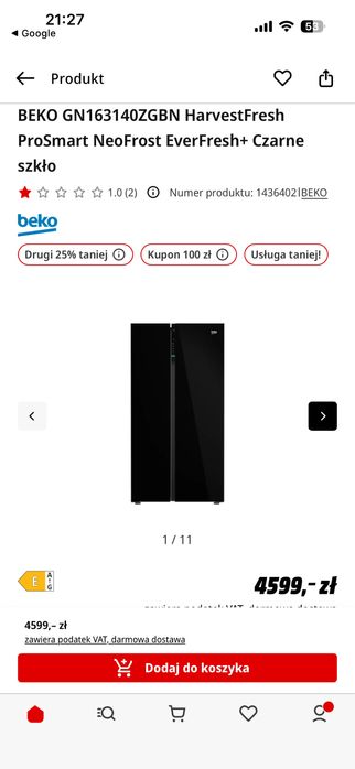 Beko side by side gn163140zgbn czarne szkło na gwarancji