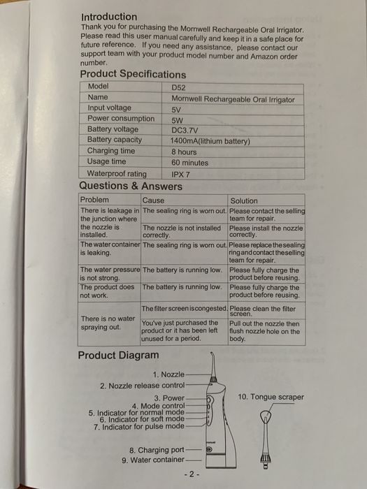 Портативный ирригатор MORNWELL D52-WE3 300 мл Іригатор USB морнвелл