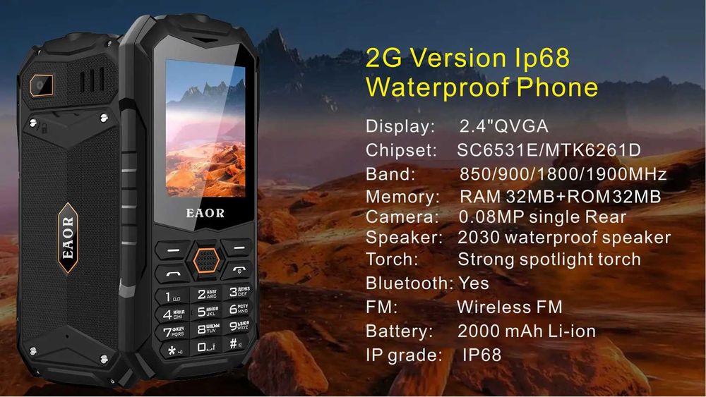телефон защищенный водонепроницамый кнопочный EAOR на 2 сим IP68