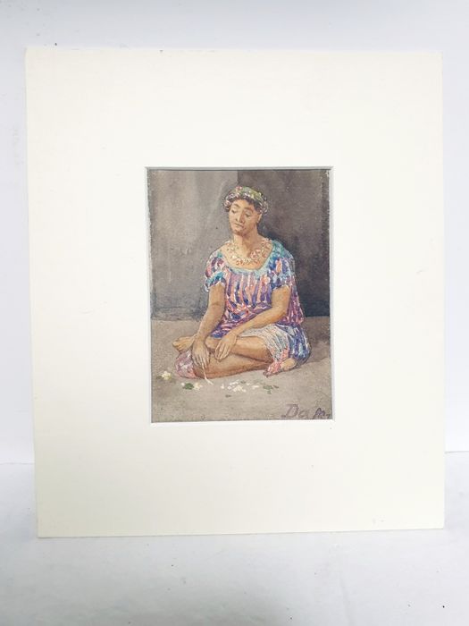 Linda pequena aquarela com retrato de uma mulher - assinada