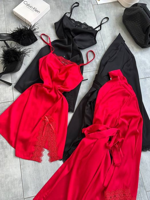 Женский комплект для дома шелк халат+ночнушка Жіночий халат+сукня шовк