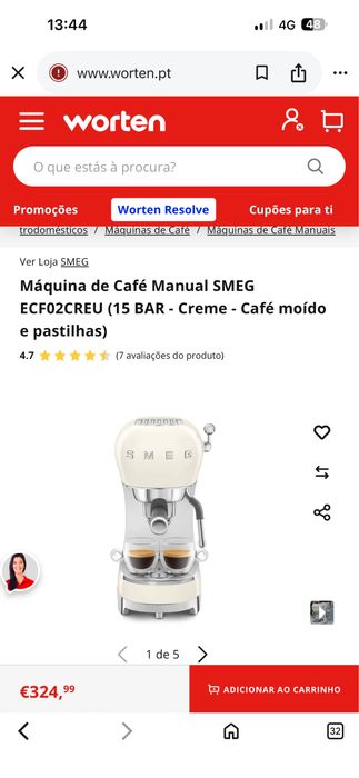 Máquina de Café Manual SMEG ECF02CREU (15 BAR - Creme - Café moído e pastilhas)