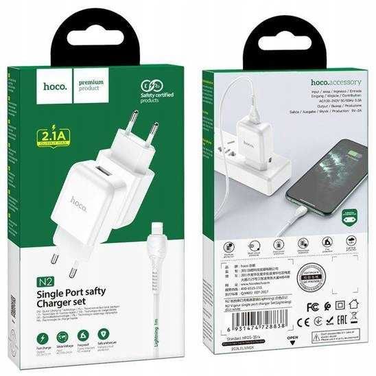 Ładowarka Sieciowa USB 2.1A + Kabel USB Lightning Hoco N2 białe iphone