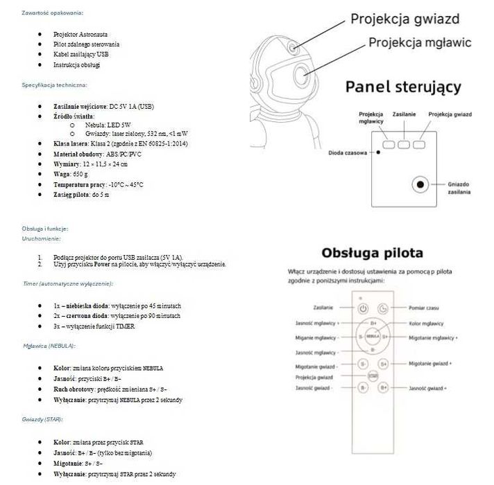 Projektor gwiazd lampka nocna led astronauta dla dzieci rzutnik pilot