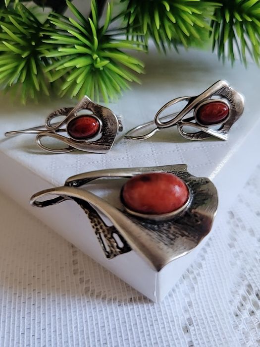 Srebrny komplet vintage 925 z koralem