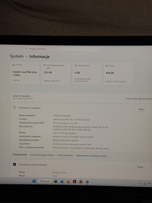 Dell Pro Max 16 MC16250 – Ultra 7 / 32GB / 1TB / RTX PRO 500 – gwarancja do 12/2028
