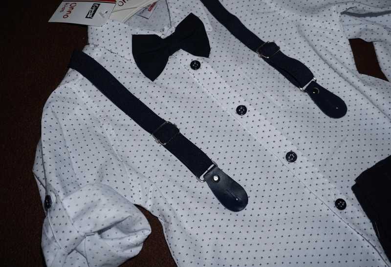 Granatowy zestaw elegancki 128 koszula mucha spodnie szelki