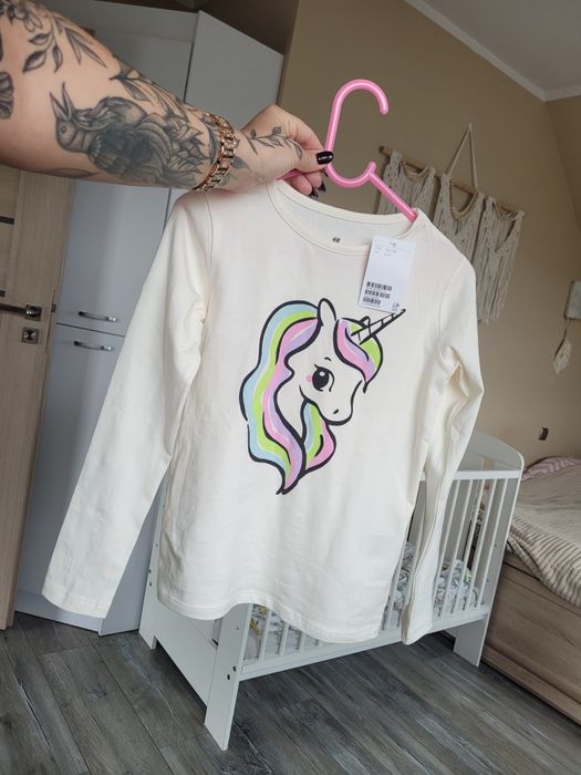 Kremowa bluzka z długim rękawem T-shirt H&M 122 128 nowa z metką unicorn jednorożec