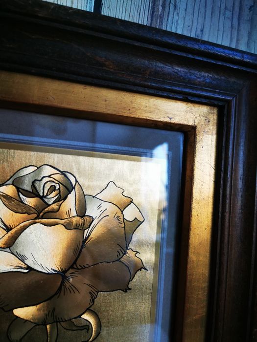 Obraz, obrazek, złota folia, róża, drewniana rama  UNIKAT