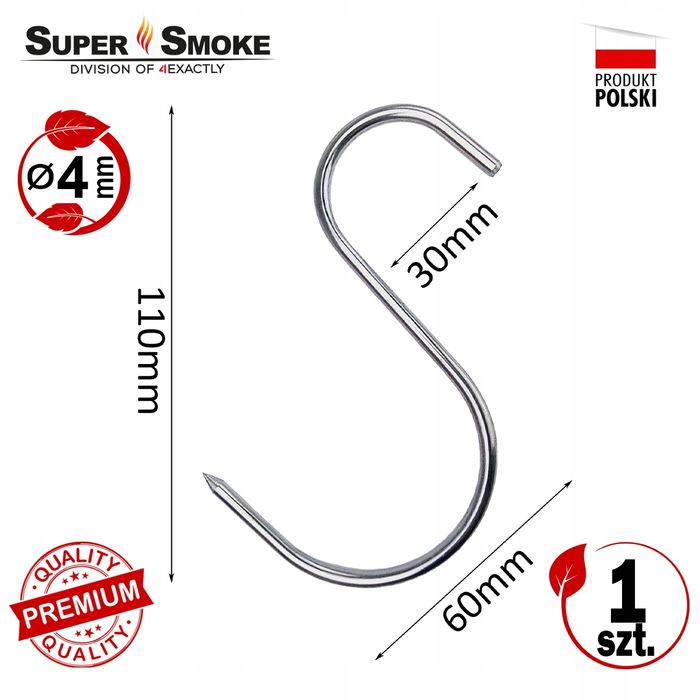 Hak Wędzarniczy Super Smoke typu "S" do wędlin 4 mm 11 cm Premium