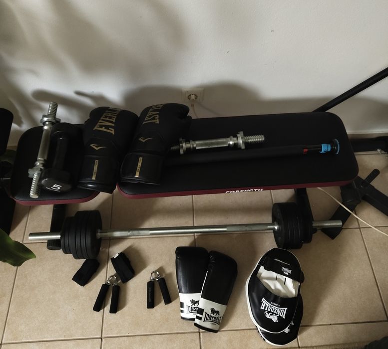 Cadeira de abdominais, saco de boxe , barra, alteres,luvas de box